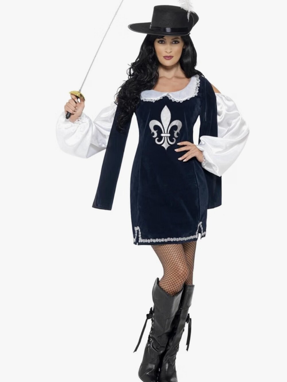 Navy Fleur-de-Lis Women's Musketeer Cold-Shoulder Costume Dress, Medium